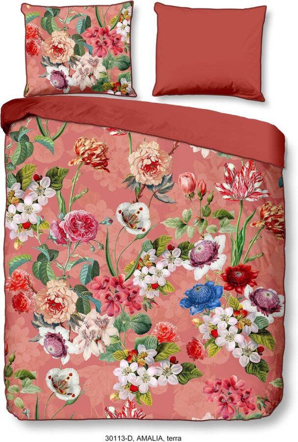 Descanso Tweezijdig te gebruiken overtrekset Amalia Katoen Satijn 135x200 Bies Rits Omkeerbaar Bloemen Terra