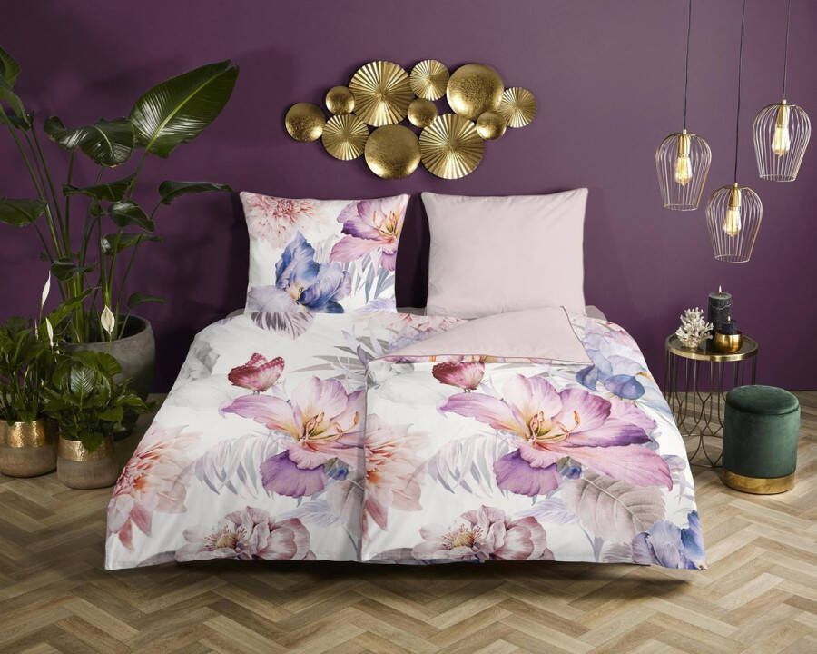 Descanso Tweezijdig te gebruiken overtrekset CAEN Katoen Satijn 135x200 Bies Rits Omkeerbaar Bloemen Natuur