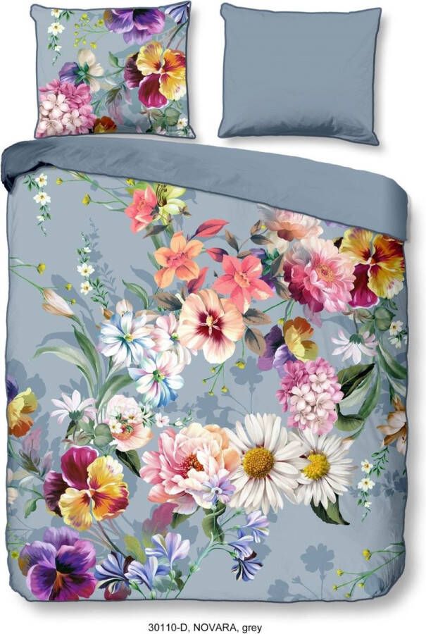 Descanso Tweezijdig te gebruiken overtrekset NOVARA Katoen Satijn 135x200 Bies Rits Omkeerbaar Bloemen Natuur