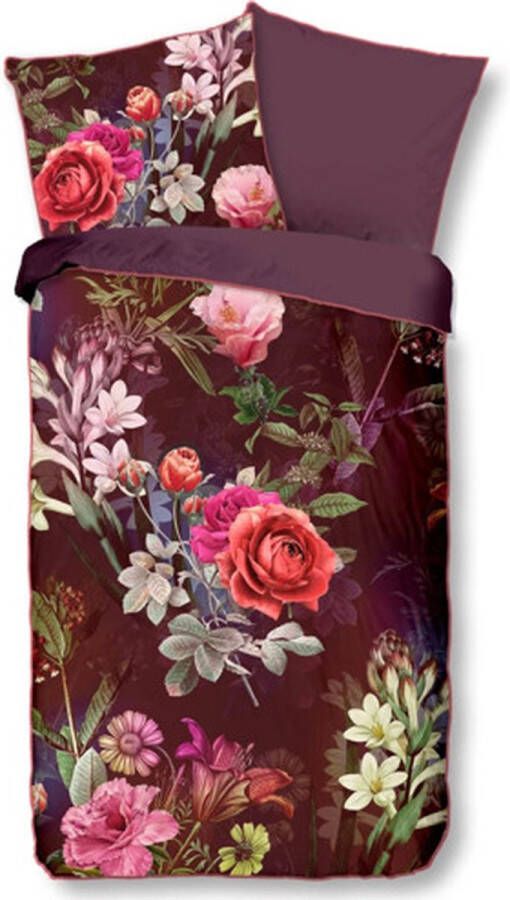 Descanso Tweezijdig te gebruiken overtrekset Simone Mako-satijn 135x200 Bies Rits Omkeerbaar Bloemen Bordeaux (2-delig)