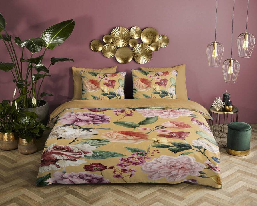 Descanso Tweezijdig te gebruiken overtrekset Fiori Katoen Satijn 135x200 Bies Rits Omkeerbaar Bloemen Zand