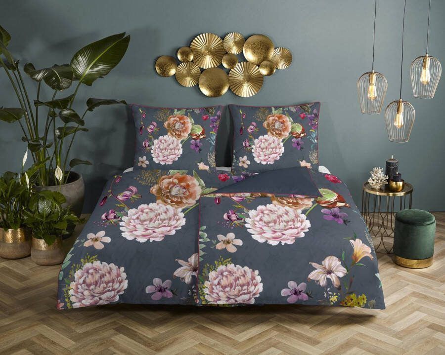Descanso Tweezijdig te gebruiken overtrekset Parma Katoen Satijn 135x200 Bies Rits Omkeerbaar Bloemen