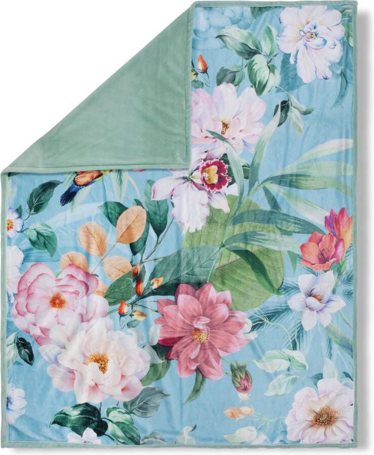 Descanso Plaid Fungi Zeer zacht knuffeldeken 130x160 cm omkeerbaar bloemen groen turquoise
