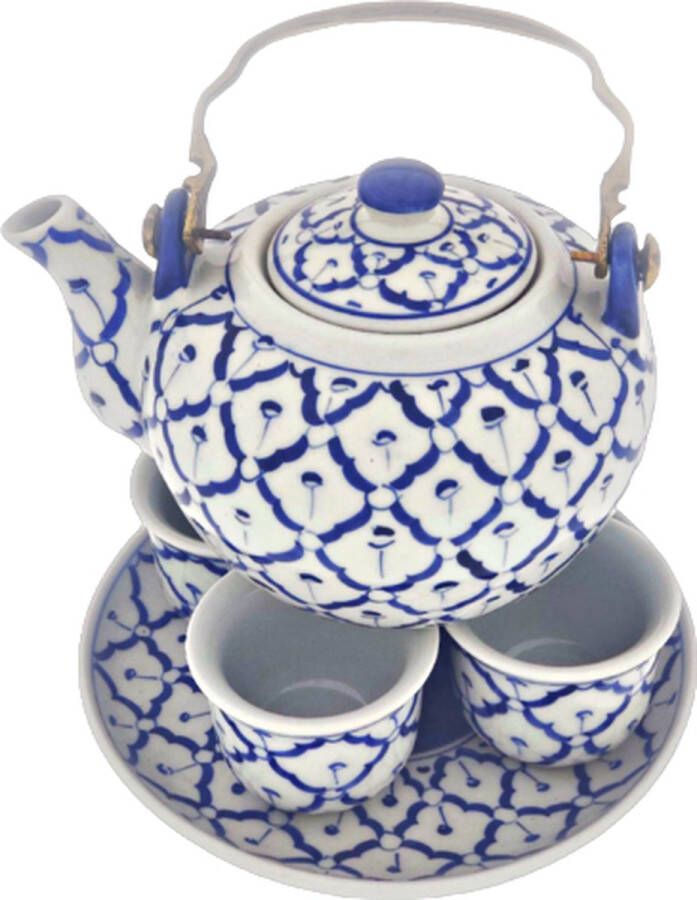 DeSfeerbrenger Thais servies Aziatisch servies Theeset theepot met ijzeren handvat en onderbord en 4 kopjes Theeservies 6-delig