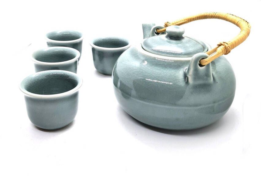 DeSfeerbrenger Theeset Theeservies 5-delig keramiek Handgemaakt en geschilderd theeservies Theepot en 4 kopjes Celadon blauw