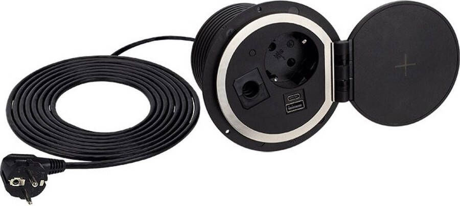 Design Light Sambobox Stekkerdoos 1 stopcontact USB A en USB C Qi Laadklep Inbouw Stekkerblok met 1.8 kabel Zwart