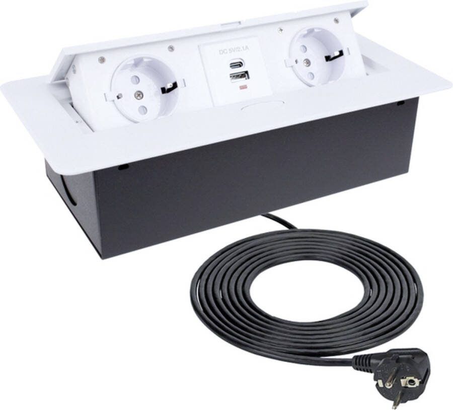 ORNO Bureau stekkerdoos met USB Pop up stekkerblok met 2 stopcontacten 1x USB A en 1x USB C Inbouw Verdeelstekker met RVS afwerking Stekkerblok met 1.5 meter kabel voor max. 3680 Watt Wit