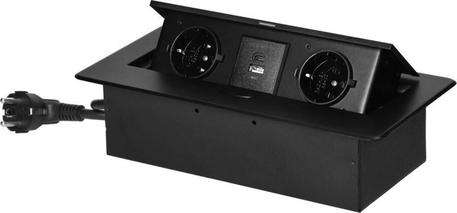 Design Light Stekkerdoos met USB en USB-C Pop up stekkerblok met 2 stopcontacten 1x USB A en 1x USB C Inbouw Verdeelstekker met RVS afwerking Bureau Stekkerblok met 1.5 meter kabel voor max. 3680 Watt Zwart