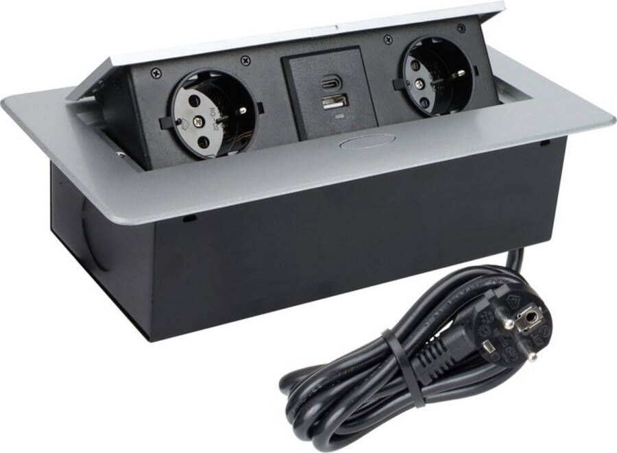 Design Light Kombibox -Stekkerdoos 2 stopcontacten USB A en USB C Inbouw Stekkerblok met 1.5 meter kabel Zilver