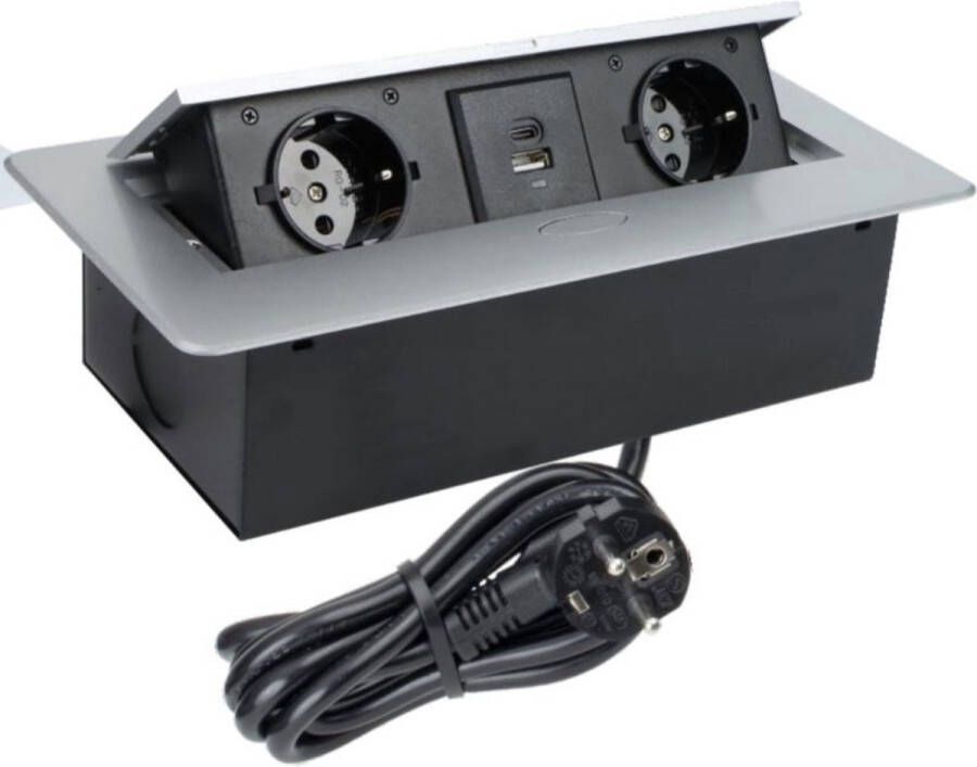 Design Light Kombibox -Stekkerdoos 2 stopcontacten USB A en USB C Inbouw Stekkerblok met 3 meter kabel Aluminium