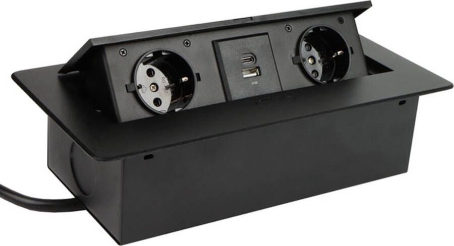 Design Light Kombibox -Stekkerdoos 2 stopcontacten USB A en USB C Inbouw Stekkerblok met 3 meter kabel Zwart