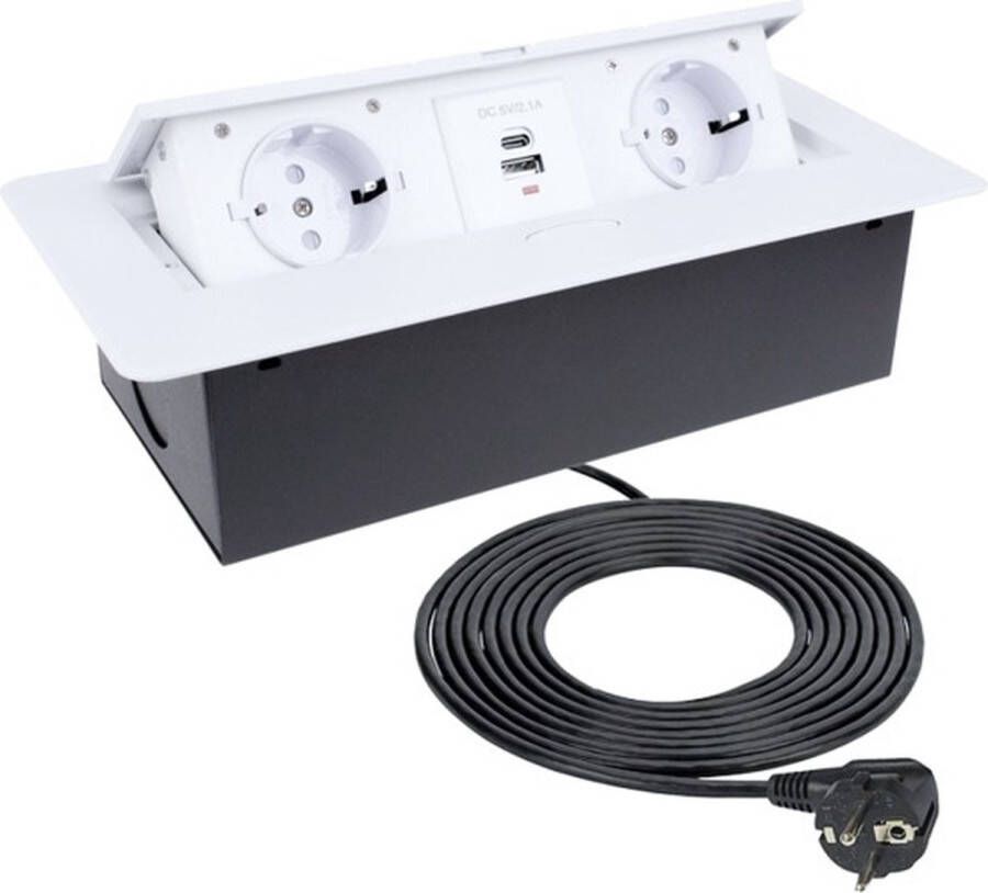 Design Light Kombibox -Stekkerdoos 2 stopcontacten USB A en USB C Inbouw Stekkerblok met 3 meter kabel Wit