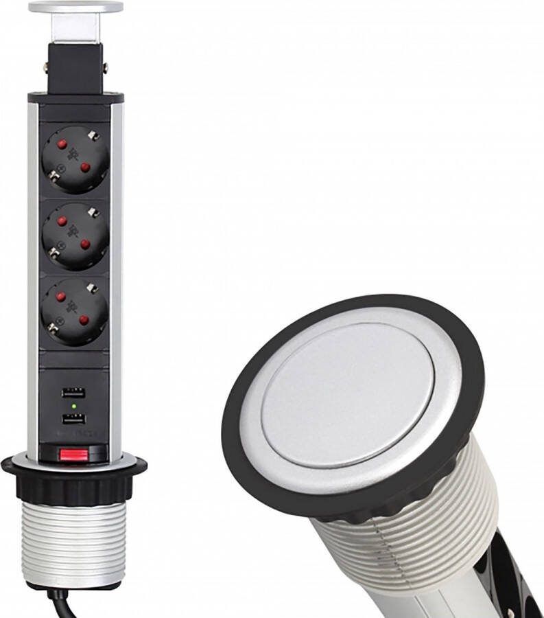 Design Light Verticale Stekkerdoos met USB Pop up stekkerblok met 3 stopcontacten en 2 USB Ø 60mm Inbouw Verdeelstekker met 1.8 meter kabel Stekkerblok voor max. 3680 Watt Aluminium