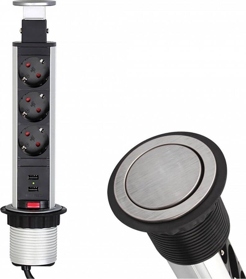ORNO Verticale Stekkerdoos met USB Pop up stekkerblok met 3 stopcontacten en 2 USB Ø 60mm Inbouw Verdeelstekker met 1.8 meter kabel Stekkerblok voor max. 3680 Watt Zilver