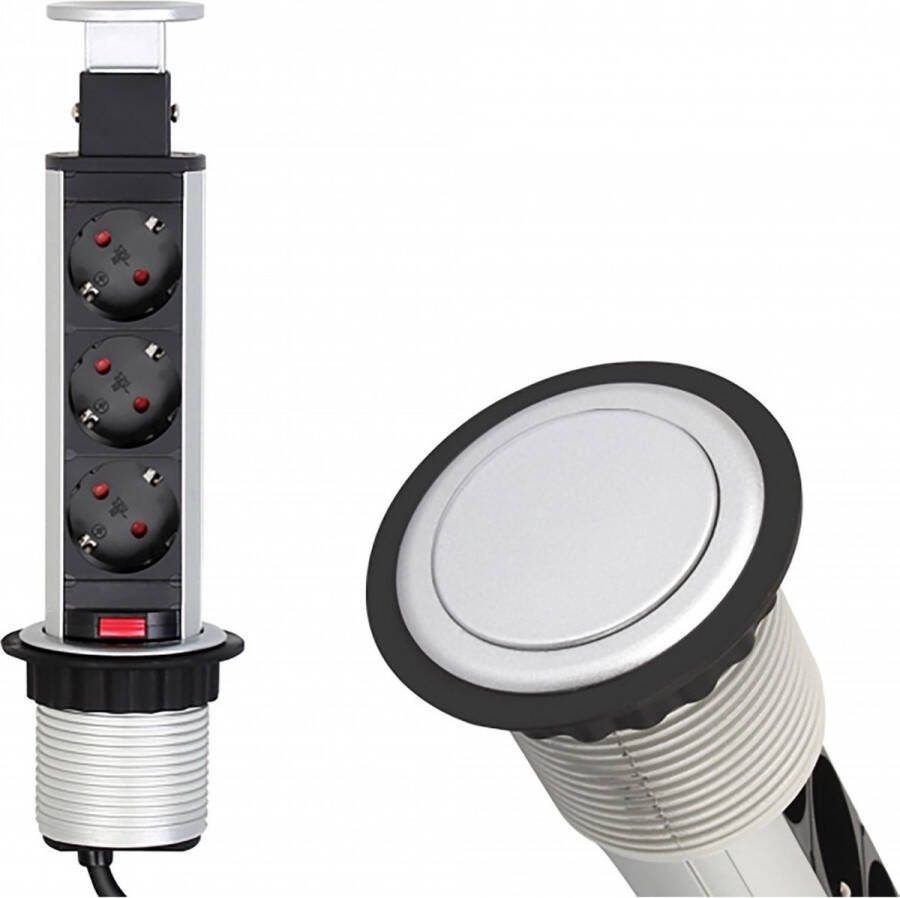 Design Light Verticale Stekkerdoos Pop up stekkerblok met 3 stopcontacten Ø 60mm Inbouw Verdeelstekker met 1.8 meter kabel Stekkerblok voor max. 3600 Watt Zilver