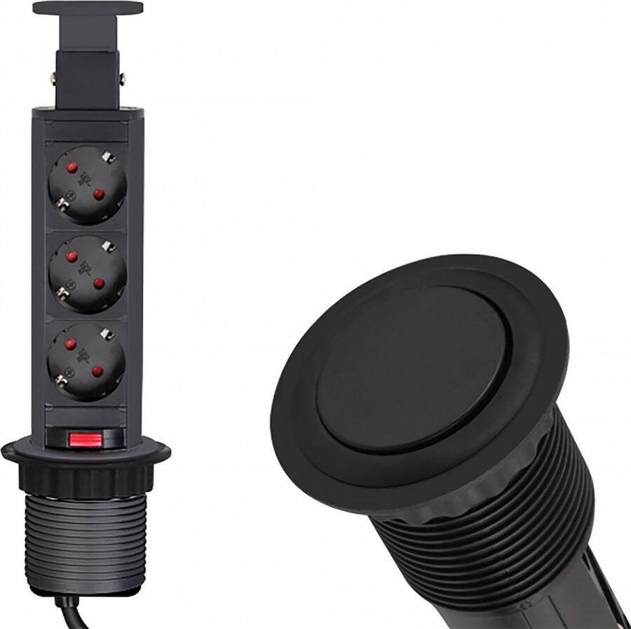 Design Light Liftbox Stekkerdoos 3 stopcontacten Inbouw Stekkerblok met 1.8 meter kabel Zwart