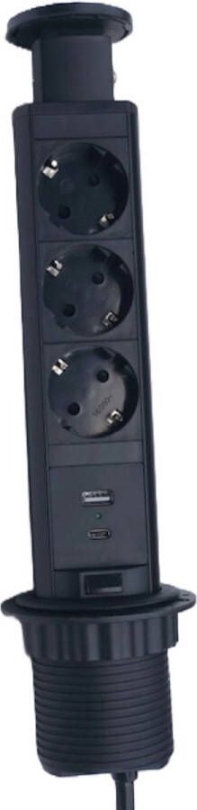 Design Light Liftbox Stekkerdoos 3 Stopcontacten USB A en USB C Inbouw Stekkerblok met 1.8 meter kabel Zwart