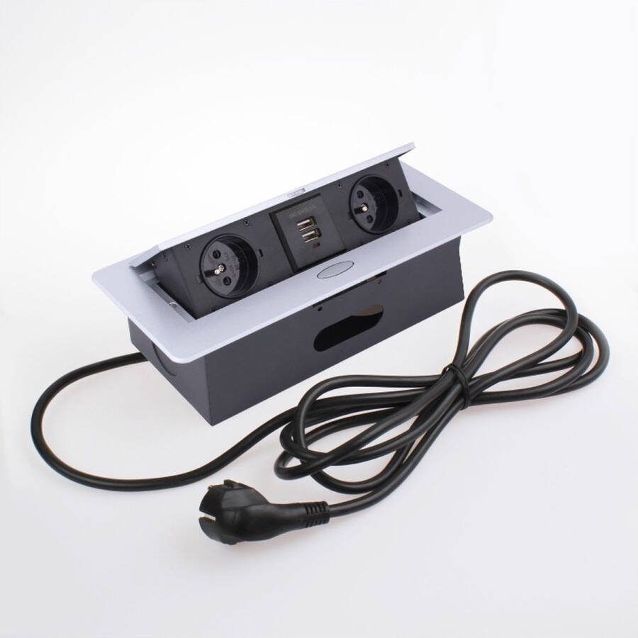 Design Light Stekkerdoos met USB Pop up stekkerblok met 2 stopcontacten en 2 USB Inbouw Verdeelstekker met RVS afwerking Stekkerblok met 3 meter kabel voor max. 3600 Watt Zilver