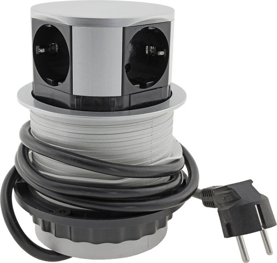 Design Light Tetrabox Stekkerdoos 4 Stopcontacten Inbouw Stekkerblok met 1.5 meter kabel Zilver