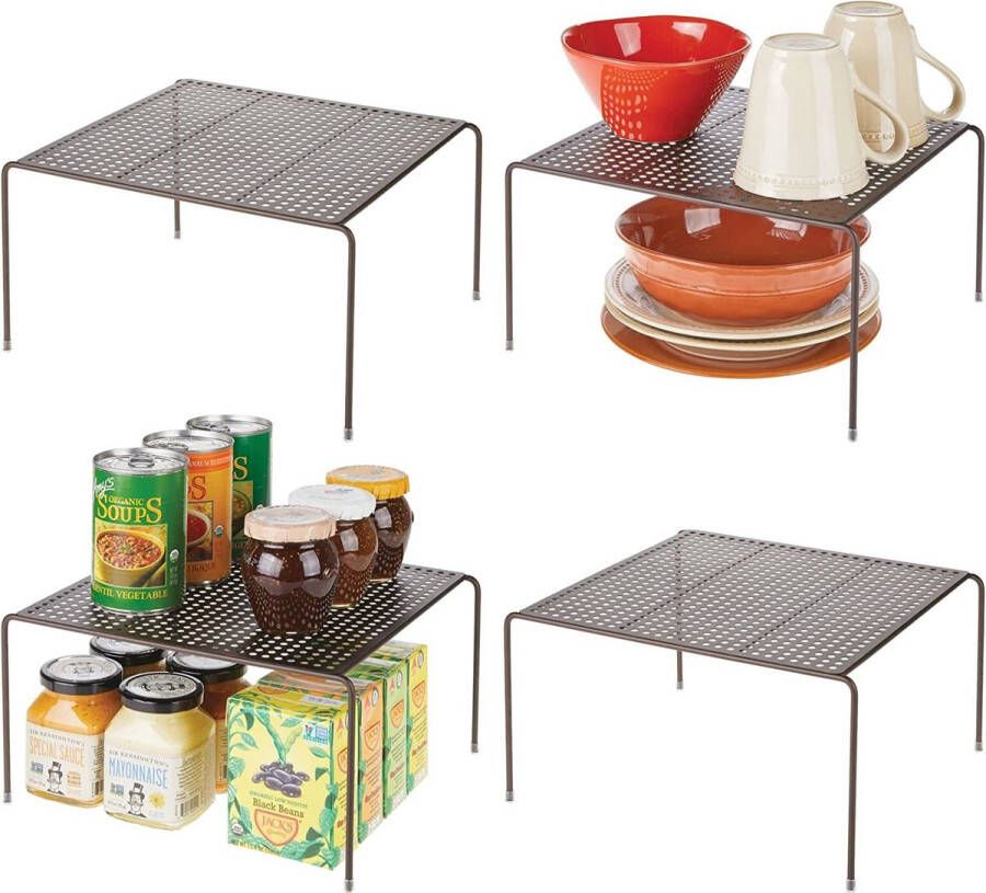 Design m keukenrek voor opslag in de keuken – vrijstaande metalen keukenplank – praktisch opbergrek voor kopjes borden etenswaren en meer – set van 4 stuks – bronskleurig