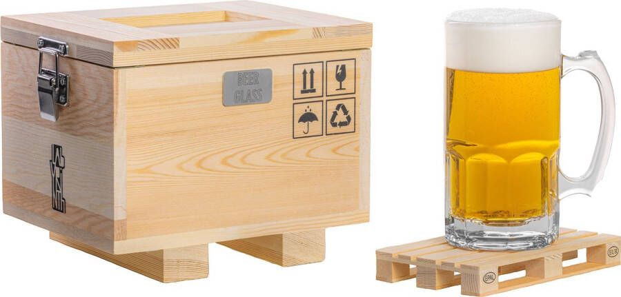 Design Studio Labyrinth BCN Labyrinth MEGA Bierglas in houten kist (27x21x21 cm) met houten onderzetter 1 liter bierpul Bier cadeauset