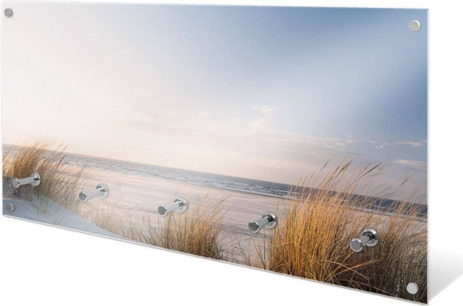 Designglas Wandkapstok – Kapstok – Wandkapstok – Hangend – Garderoberek – Muurkapstok Gehard glas – Handdoekrek – Muurdecoratie Stijlvol Gehard glas 5 Haken Duinen op het strand 80x40cm