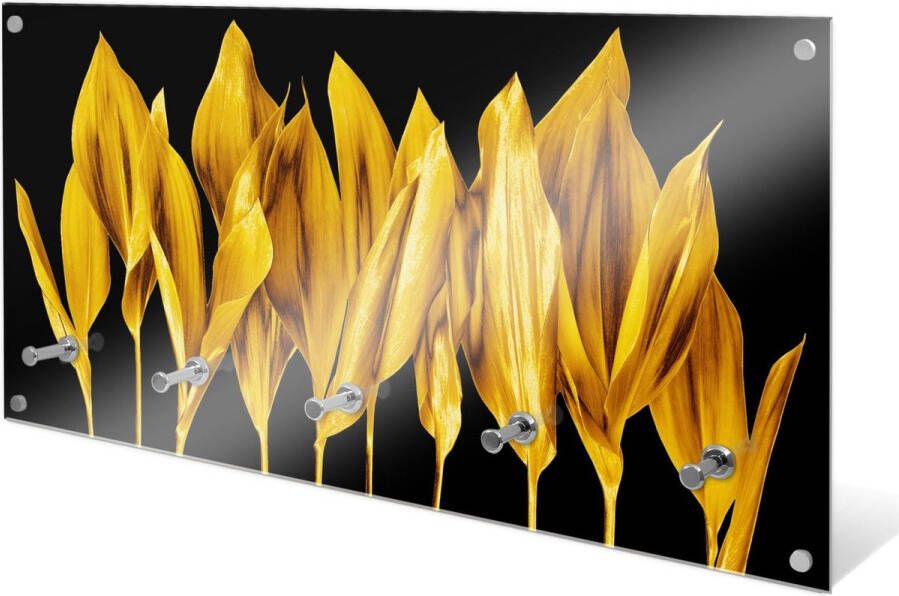 Designglas Wandkapstok – Kapstok – Wandkapstok – Hangend – Garderoberek – Muurkapstok Gehard glas – Handdoekrek – Muurdecoratie Stijlvol Gehard glas 5 Haken Gouden bladeren 80x40cm