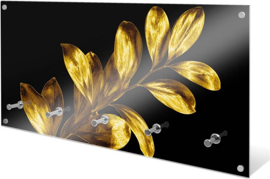 Designglas Wandkapstok – Kapstok – Wandkapstok – Hangend – Garderoberek – Muurkapstok Gehard glas – Handdoekrek – Muurdecoratie Stijlvol Gehard glas 5 Haken Gouden bladeren op een takje 80x40cm