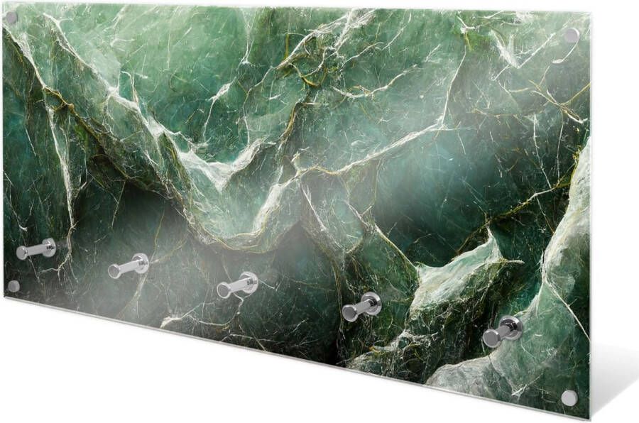 Designglas Wandkapstok – Kapstok – Wandkapstok – Hangend – Garderoberek – Muurkapstok Gehard glas – Handdoekrek – Muurdecoratie Stijlvol Gehard glas 5 Haken Groen-wit marmer 80x40cm