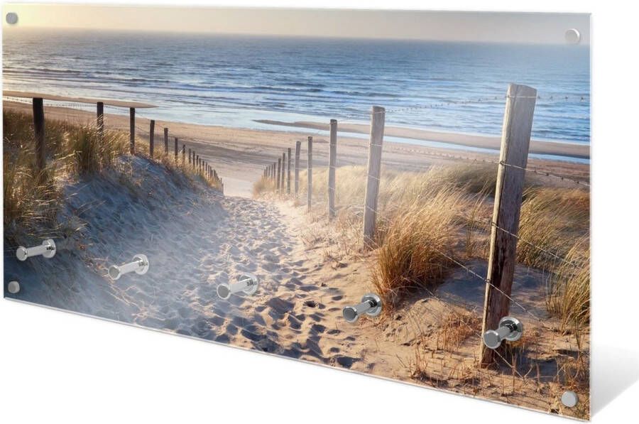 Designglas Wandkapstok – Kapstok – Wandkapstok – Hangend – Garderoberek – Muurkapstok Gehard glas – Handdoekrek – Muurdecoratie Stijlvol Gehard glas 5 Haken Strand bij de noordzee 80x40cm