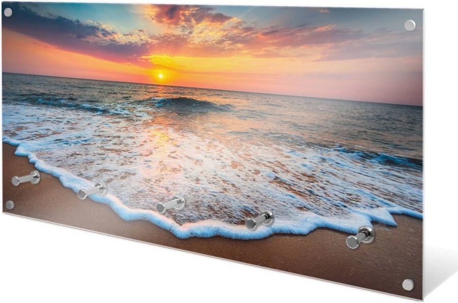 Designglas Wandkapstok – Kapstok – Wandkapstok – Hangend – Garderoberek – Muurkapstok Gehard glas – Handdoekrek – Muurdecoratie Stijlvol Gehard glas 5 Haken Zonsopgang over de zee 80x40cm