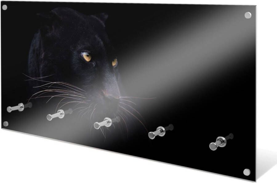 Designglas Wandkapstok – Kapstok – Wandkapstok – Hangend – Garderoberek – Muurkapstok Gehard glas – Handdoekrek – Muurdecoratie Stijlvol Gehard glas 5 Haken Zwarte panther 80x40cm