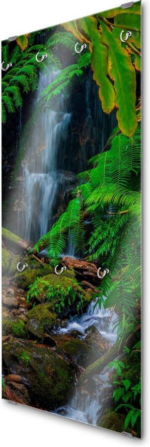 Designglas Wandkapstok – Kapstok – Wandkapstok – Hangend – Garderoberek – Muurkapstok Gehard glas – Handdoekrek – Muurdecoratie Stijlvol Gehard glas 7 Haken Waterval in de jungle- 50x125cm