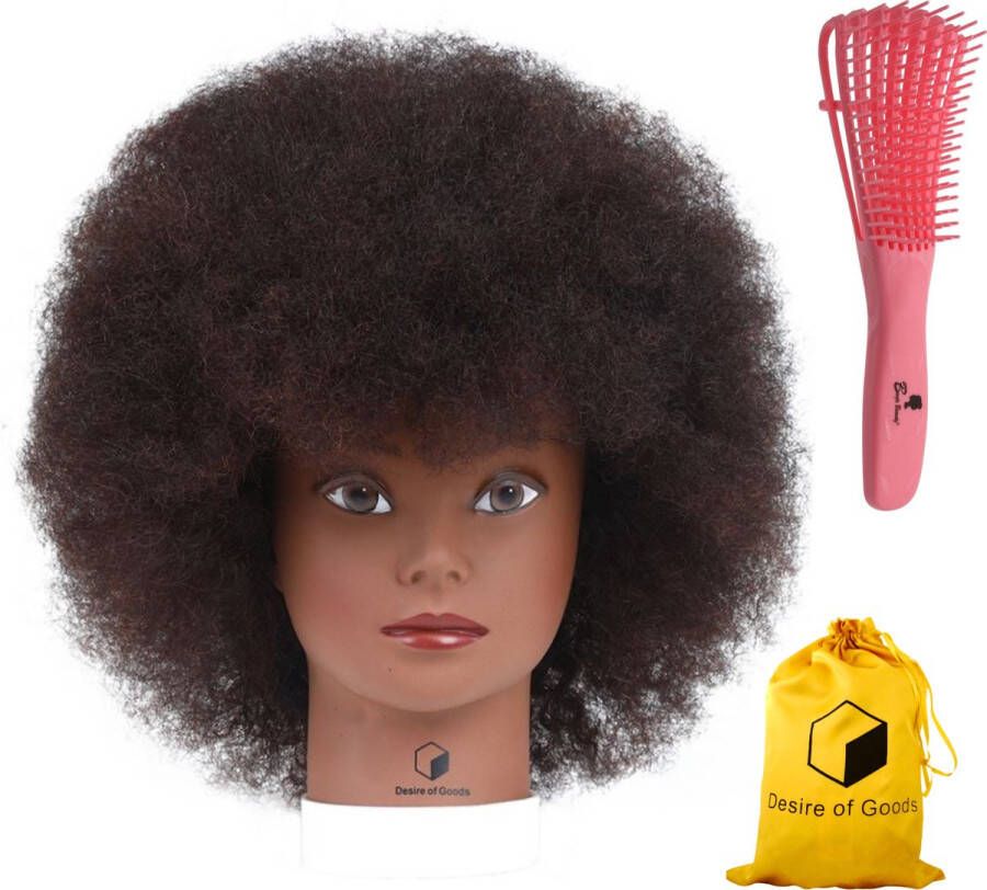 Desire of Goods Afro oefenhoofd kappershoofd Donkerbruin haar met anti klit haarborstel Echt haar tafelklem 30 cm