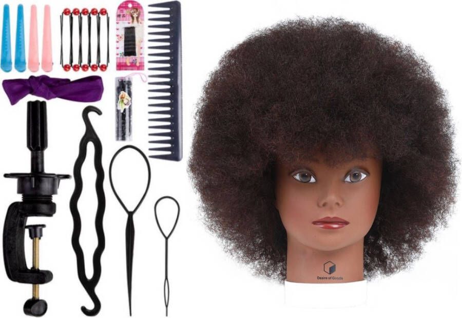 Desire of Goods Afro Oefenhoofd Kappershoofd Echt haar Tafelklem & Styling Accessoires Kappop Kaphoofd 30 cm