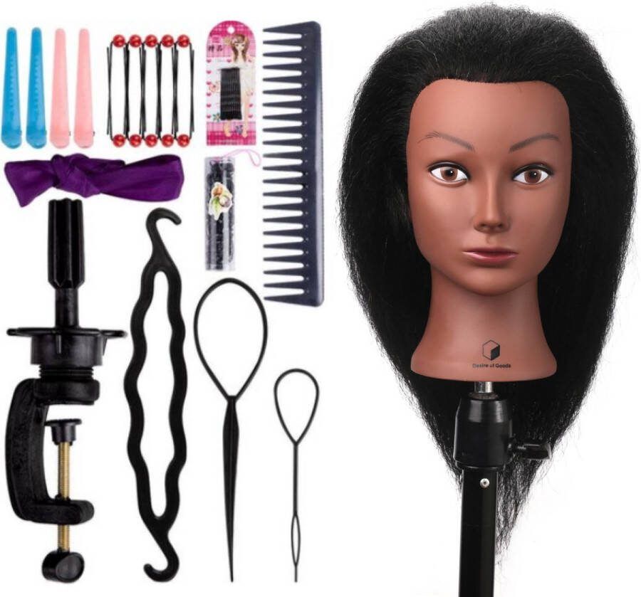 Desire of Goods Afro Oefenhoofd Kappershoofd Echt haar Tafelklem & Styling Accessoires Kappop Kaphoofd 40 cm
