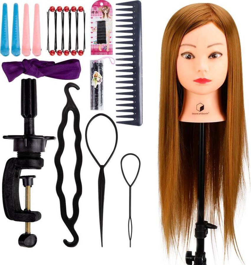 Desire of Goods Oefenhoofd Kappershoofd Goudbruin met tafelklem & Styling Accessoires Kappop Kaphoofd 70 cm