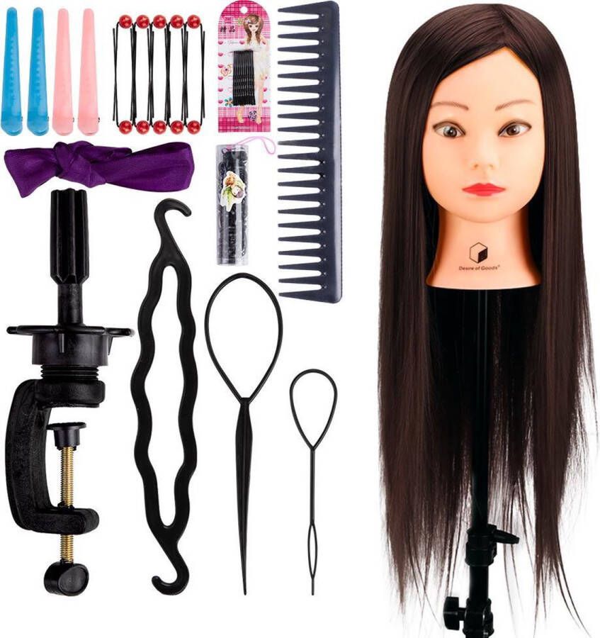 Desire of Goods Oefenhoofd Kappershoofd Kastanjebruin Met tafelklem & Styling Accessoires Kappop Kaphoofd 70 cm