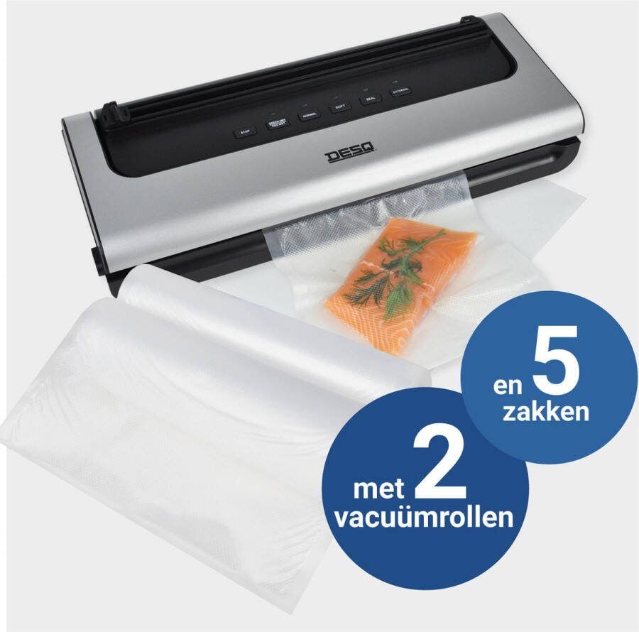 Desq 7910 Vacumeermachine Set met 5 Vacuümzakken en 2 Vacuümrollen ( 28x600 cm ) 5 standen Droog Vochtig Drukgevoelig Voedsel Rolsnijder Sterke 60 KPA zuigkracht