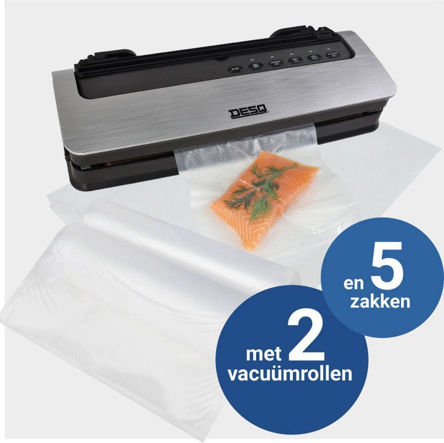 Desq 8000 Vacumeermachine Set met 2 Vacuümrollen en 5 Vacuümzakken 5 standen Droog Vochtig Drukgevoelig Voedsel Rolhouder Sterke 80 KPA zuigkracht Dubbele Verwarmingsstrip Rolsnijder