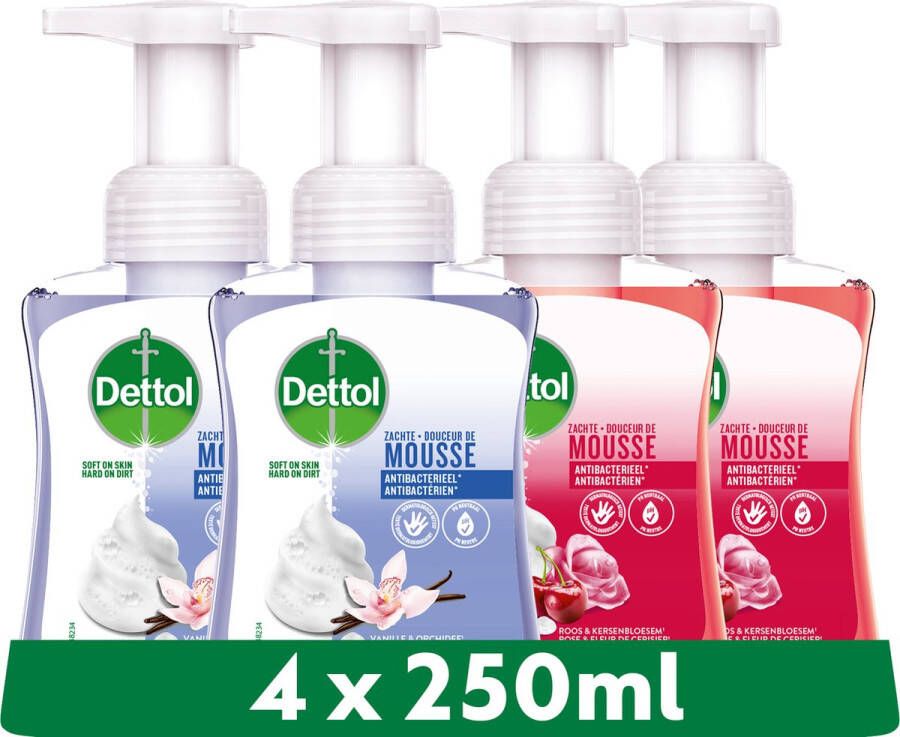 Dettol 1L Handzeep Zachte Mousse Antibacterieel Melk & Honing 2x250 ml en Orchidee & Vanille 2x250 ml Voordeelverpakking