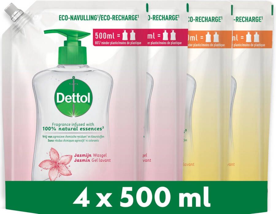 Dettol Handzeep Antibacterieel 2x500ml Navulling met Aloë Vera & 2x500ml Navulling Sensitive Gevoelige Huid met 75% minder Plastic Voordeelverpakking