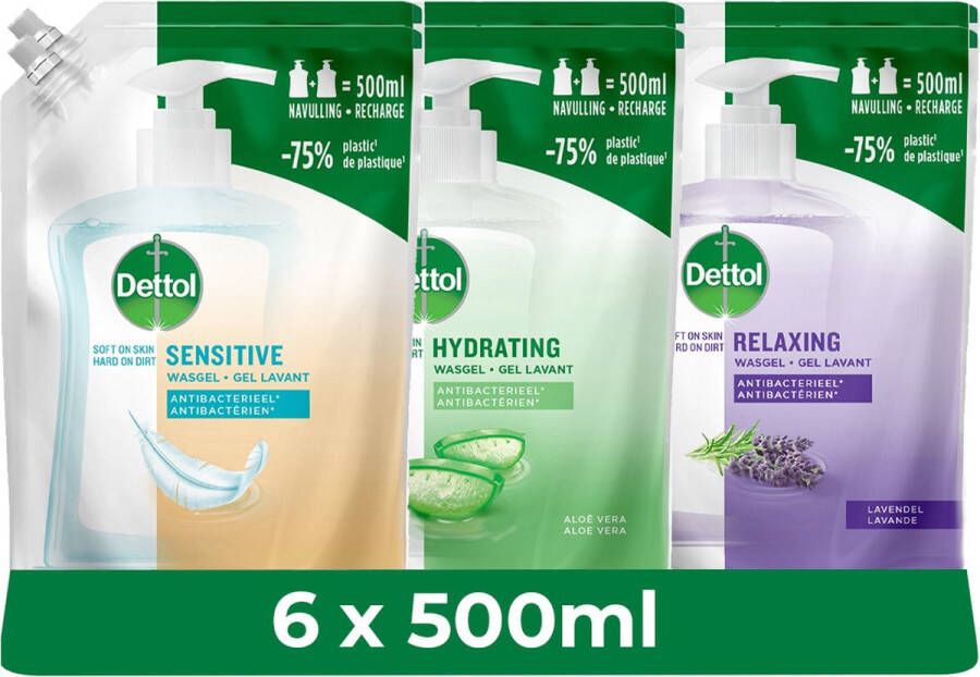 Dettol Handzeep Antibacterieel 2x 500ml Navulling Hydrating Aloe Vera 2 x 500ML Navulling Refill Sensitive 2x 500ML Navulling Relaxing Lavender Voordeelpakket