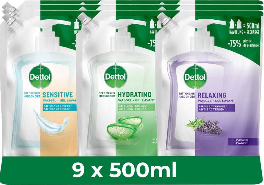 Dettol Handzeep Antibacterieel 4 5L 3x 500ML Navulling Hydrating Aloe Vera 3x500ML Navulling Sensitive 3x500ML Navulling Relaxing Lavender met 75% minder Plastic Voordeelverpakking
