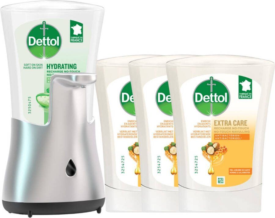 Dettol Automatische Zeepdispenser No Touch & 3x250ml Handzeep No Touch Navulling Aloe Vera Sheabutter en Blue Lotus Voordeelverpakking