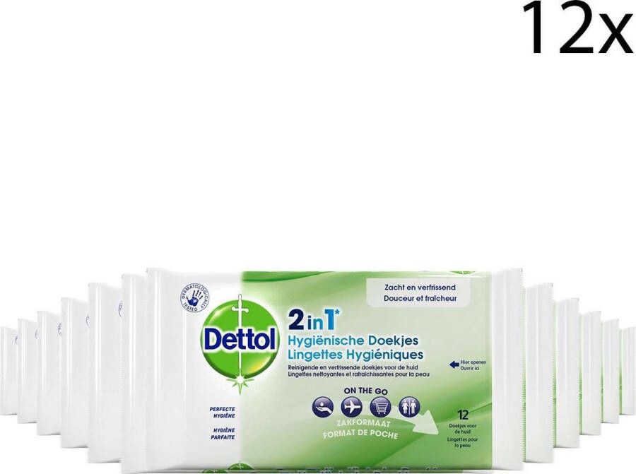 Dettol Hygienische Doekjes 2 in 1 Handig voor onderweg 12 x 12 stuks