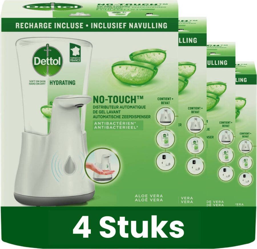 Dettol No-Touch 4 x Automatische Zeepdispenser Zilver met Hydraterende Aloë Vera Navulling 250 ml