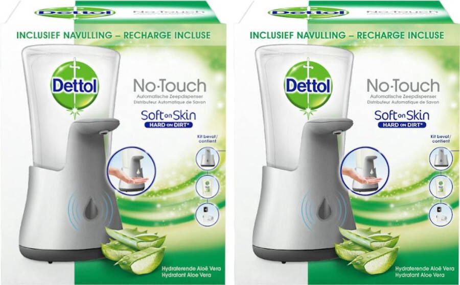 Dettol No-Touch Automatische Zeepdispenser Zilver incl Aloë Vera Navulling 250 ml 2 stuks