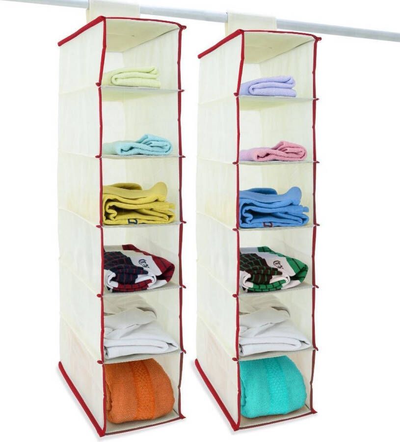 Merkloos 2 x Hangrek met 10 vakken organizer opvouwbaar kledingkast inzet Beige-Rood