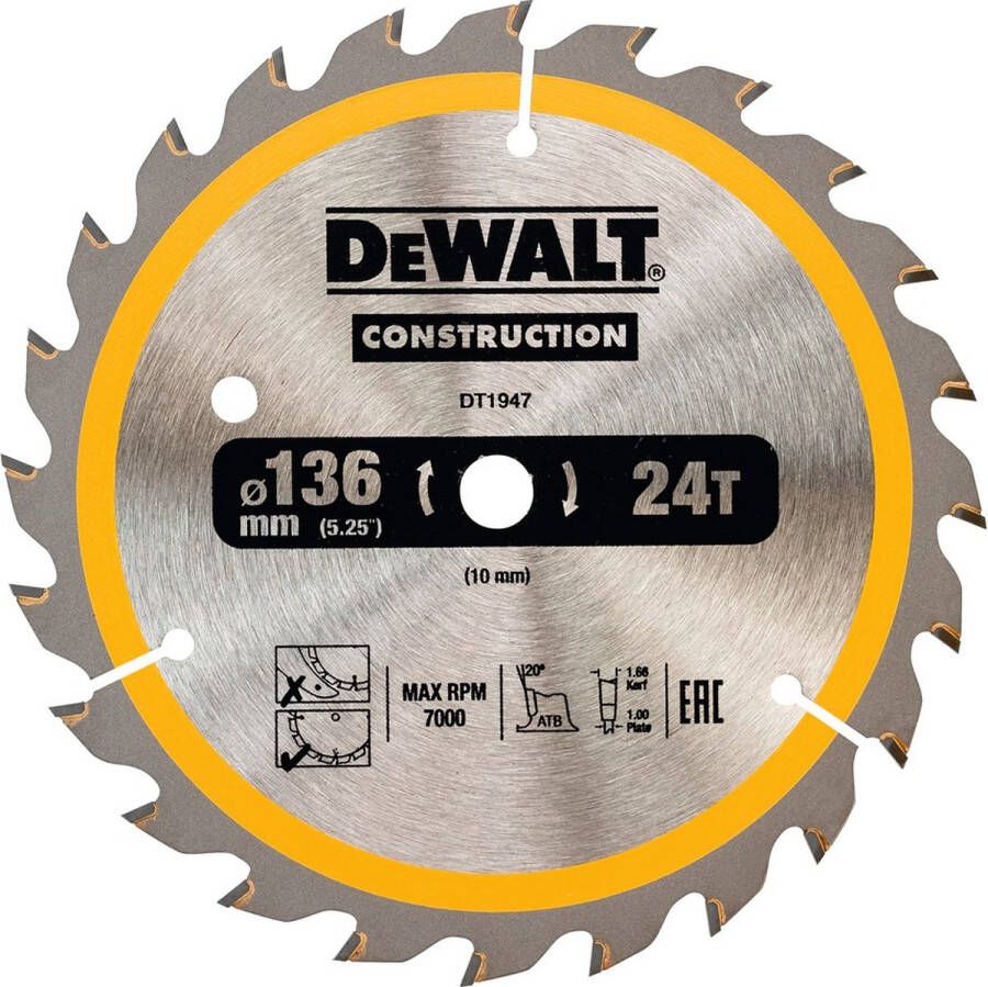 DeWalt Cirkelzaagblad voor Hout Construction Ø 136mm Asgat 10mm 24T DT1947-QZ
